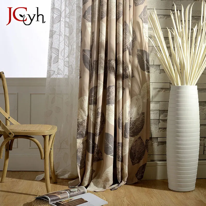 JCyh Elegant European Leaves Linen Brown Curtains For Living Room Luxury Curtains Window Treatments Cortinas Panels Shading 70% thermal curtains Curtains