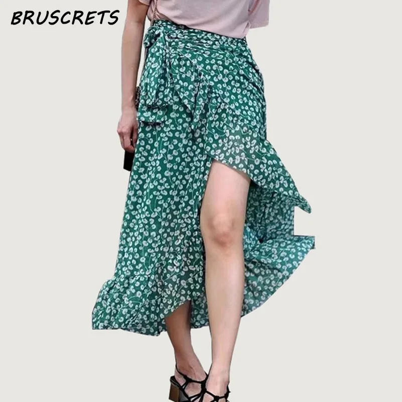

Summer Long skirts womens ruffles vintage green flower print wrap high waist skirt punk streetwear sexy midi skirts 2019 Korean