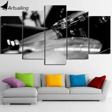 HD Printed 5 Piece Canvas Art Black White Drum Painting Music Instrument Wall Pictures for Living