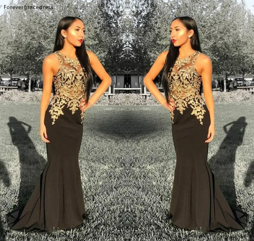Gold Appliques Black Prom Dresses 2019 Sheer Illusion Mermaid Floor Length Evening Gowns Formal Vestidos de fiesta Cheap Custom Made  125 (2)