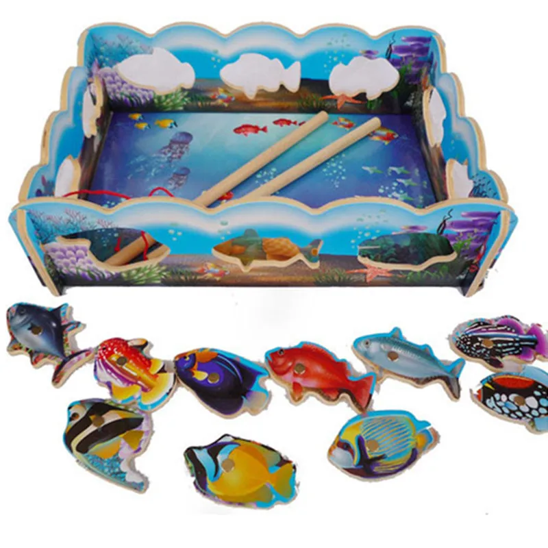 

10 Fishes + 2 Fishing Rods Baby Wooden Toys Magnetic Fishing Toys Table Game Kids Fish Children Bath Toys Outdoor Fun montessory