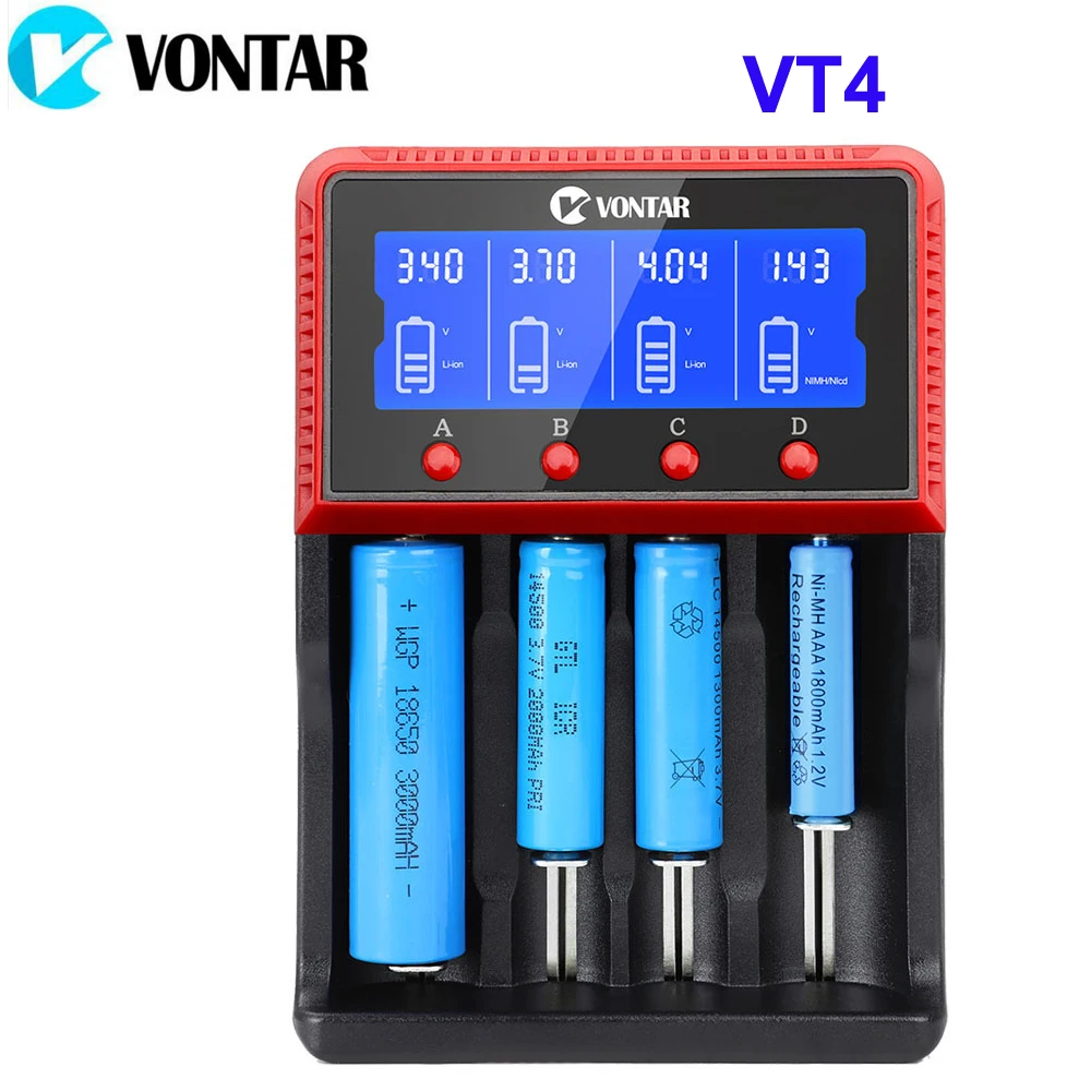 VONTAR VT4 4 слота ЖК-дисплей Батарея Зарядное устройство Перезаряжаемые Батарея для никель-металл-гидридных аккумуляторов Ni-CD LiFePo4 AA AAA 26650 14500 22650 18650 PK D4 D2