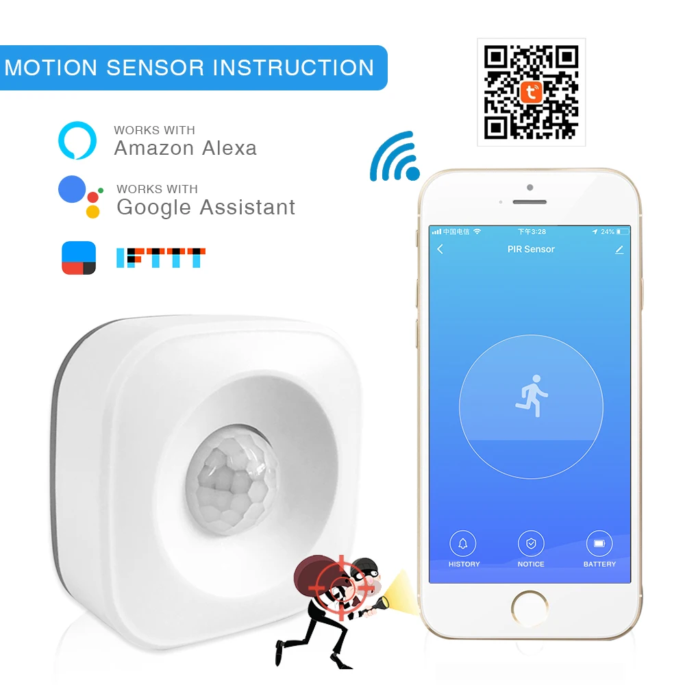 

EACHEN Wifi motion sensor PIR intelligent remote wireless door detector for tuya APP compatible with Alexa Google Home IFTTT