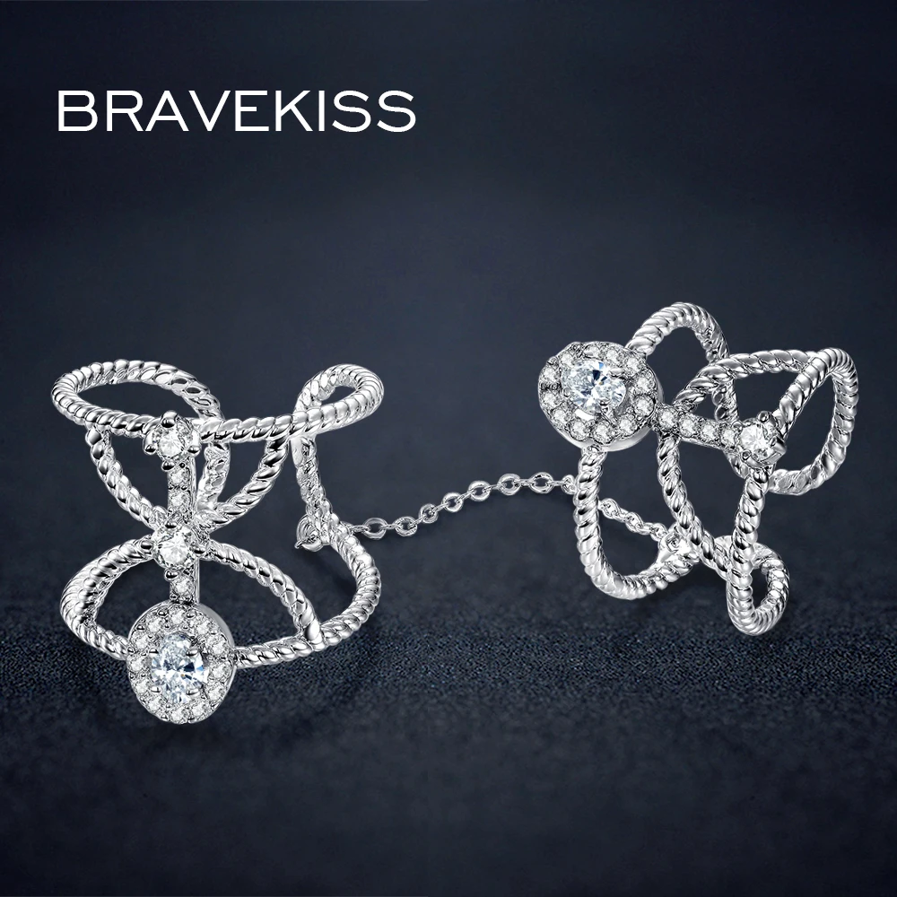 

BRAVEKISS ur full finger rings with chain for women cz stone braid open rings row knuckle band anillos mujer jewelry BUR0267