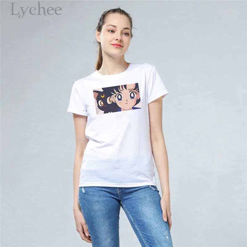 Lychee Harajuku, Сейлор Мун, серия, с буквенным принтом, Женская белая футболка, короткий рукав, круглый ворот, футболки, женские, простые, повседневные, топ, футболка