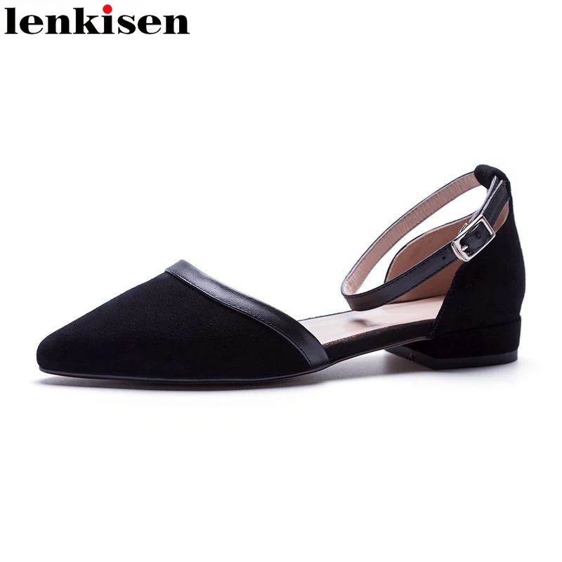 

Lenkisen summer new genuine leather thick low heels simple style pumps novelty style streetwear European style fashion shoes L21