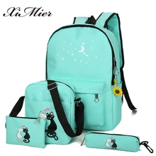 XIMIER 5Pcs/set Canvas Women Backpacks Schoolbag Printing Cute Cat School Bag Backpack For Teenager Girls Green Rucksack Moclila
