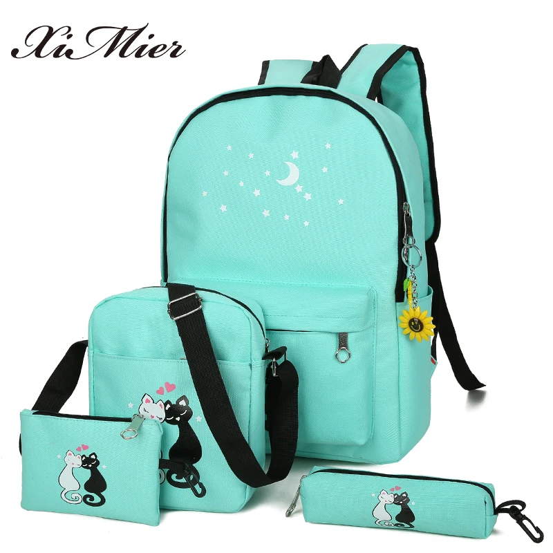 Ximier 5ピース セットキャンバス女性のバックパック通学印刷かわいい猫スクールバッグリュックティーンエイジャーの女の子緑リュックサックmoclila Backpack For Teenager Women Backpackcanvas Women Backpack Aliexpress