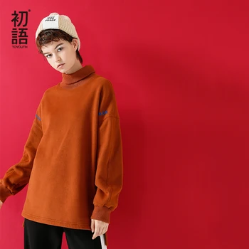 

Toyouth Long Sweatshirt 2019 Autumn Hoodie Women Casual Solid Color Letter Embroidery Turtleneck Pullover Female Loose Hoodies