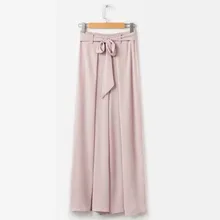 Women Light Pink Wide Leg Pants Loose Full Length Solid Cotton Blends Pleated Patchwork Lace Up