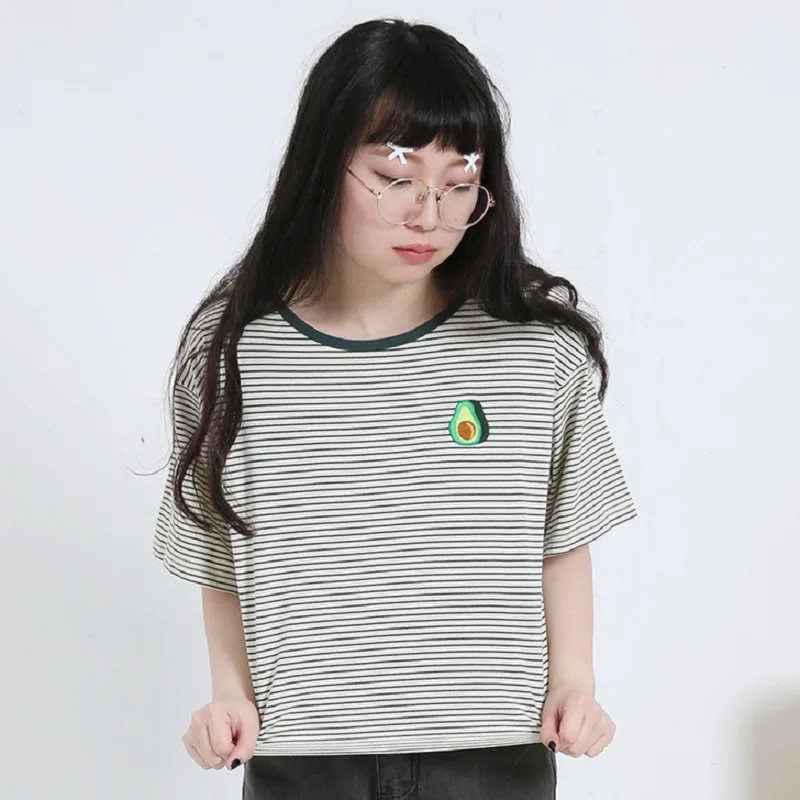 2018 Женская Harajuku летняя Корейская оригинальная вышивка авокадо полосатая