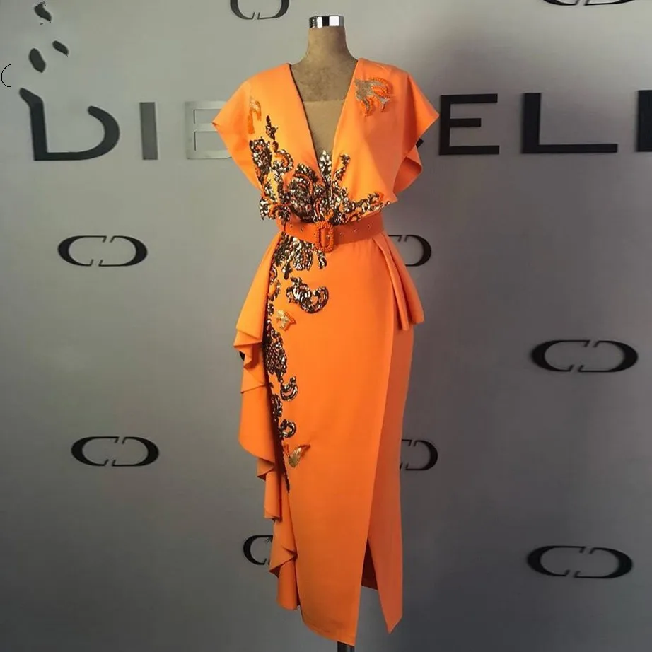 Vestido longo, шикарное вечернее платье, robe de soiree, вечерние платья с блестками, оранжевое, с рукавом-крылышком, длинное, до середины икры, вечернее платье abiye