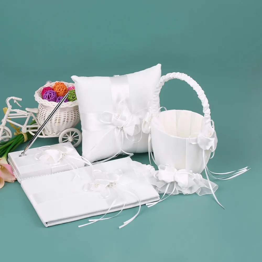 

5pcs/set Wedding Decoration Supplies Satin Flower Girl Basket Ring Bearer Pillow Guest Book Pen Holder Bride Garter Set White
