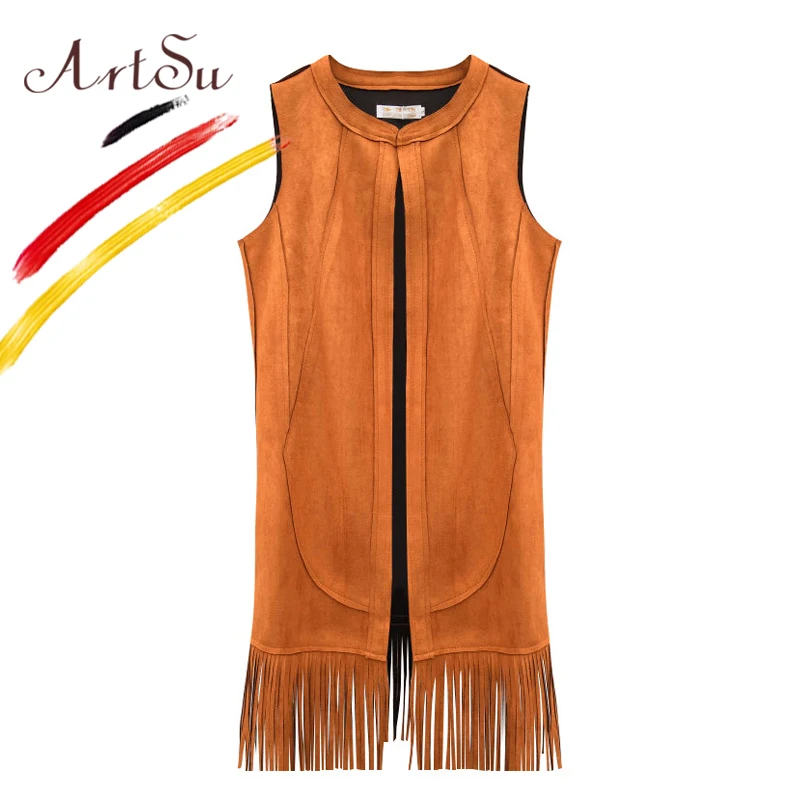 

ArtSu Elegant Women Long Vest Herringbone Vest Jacket 2017 Tassel Suede Wasitcoat Open Stitch Autumn Colete Plus Size ASCO20116