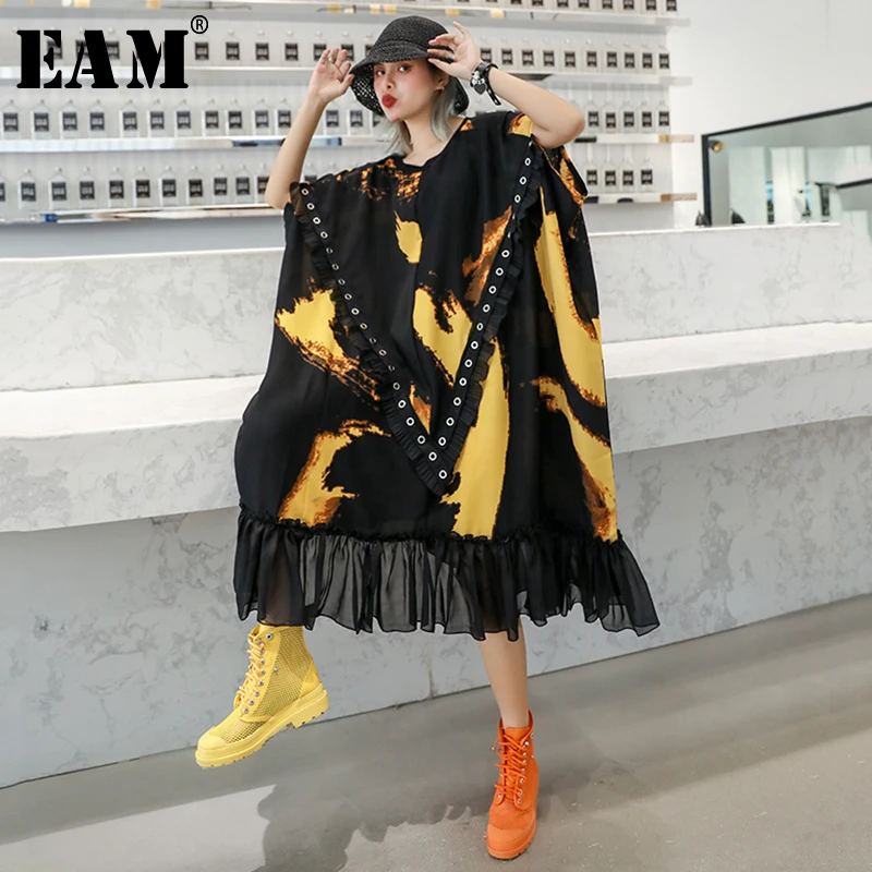 

[EAM] 2019 New Spring Summer Round Neck Short Sleeve Black Pattern Printed Loose Big Size Oversize Dress Women Fashion JX529