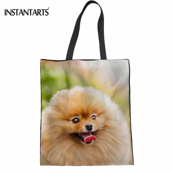 

INSTANTARTS Kawaii Dog Pomeranian Printed Women Cotton Tote Bags Multifunction Friendly Eco Bags Casual Teenagers Girls Bookbags