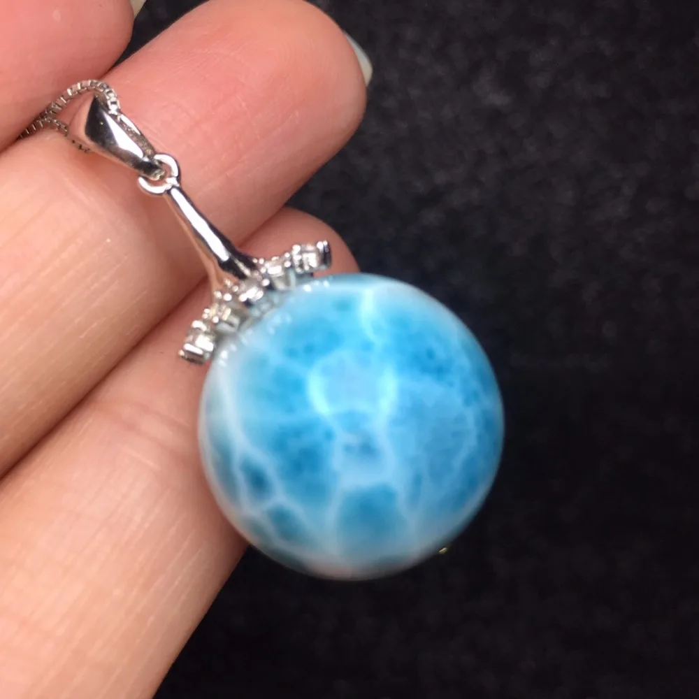

Fine Jewelry Real 925 Sterling silver s925 solid silver 100% Natural Larimar 17mm Pendant Necklace for women Fine Necklaces