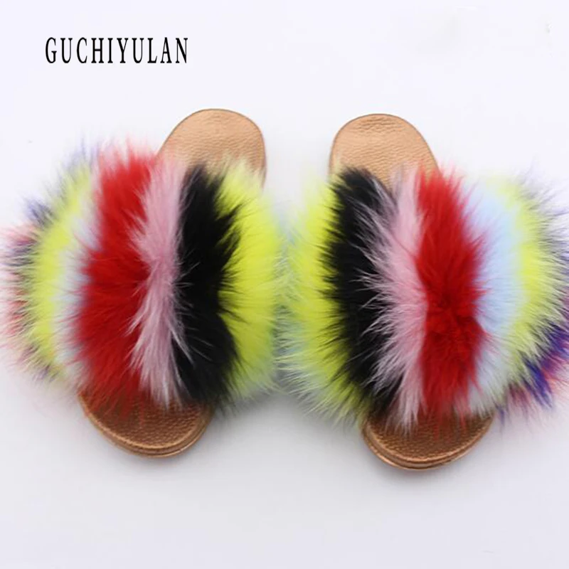 

100% Real Fox hair Slippers Women Plush Home Shoes Fur Warm Comfort Indoor House Golden shoebottom Home Slippers Large Size 43