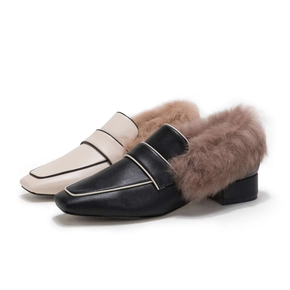 Sur Femme Beige Naturel Talons Solide Toe 2019 La Bas Et Carré De En Slip Cuir noir Européen Casual Pompes Style L89 Élégant Chaussures Décoration Fourrure Lady Noir 6RqwzF