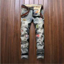2016 Mens Ripped Jeans Distressed Hole Patchwork Slim fit Jeans Washed Straight Denim Pants P3092