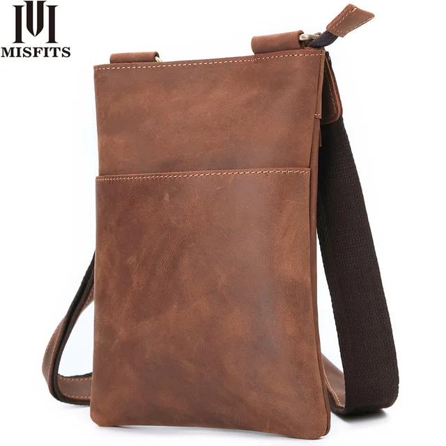 $US $28.19  MISFITS 2019 crazy horse leather men's crossbody bag vintage cowhide thin messenger bag luxury bran