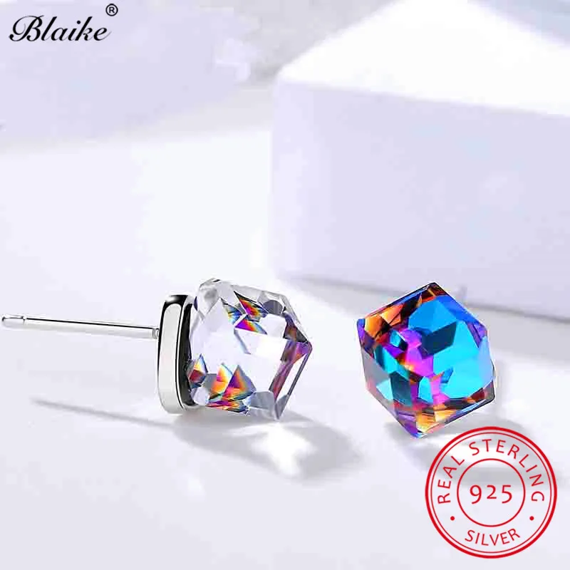 Blaike Mystic Rainbow Fire Topaz Crystal Square Stud Earrings For Women Real 925 Sterling Silver Gradient Earrings Fine Jewelry