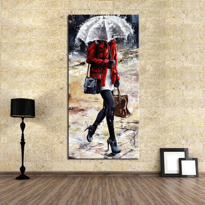 

100% Handpainted Free Shipping Oil Paintings Picture Panel Walk In The Rain Oil Painting Wall Art on Canvas for Home Decoration