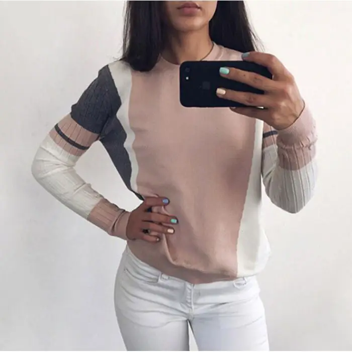Hot selling Autumn Winter Sweater Women Contrast Color Pullover Jumper Long Sleeve O-Neck Knitted Tops Outwear Pull Femme D301