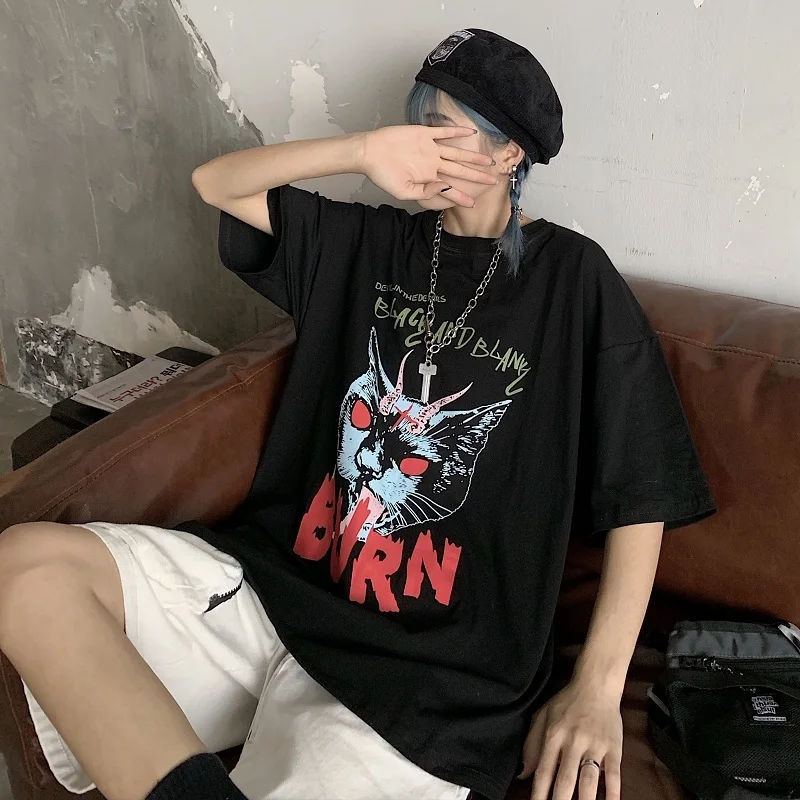 

Lychee Harajuku Black Short Sleeve Women T-shirts Dark Cat Letter Print Summer Women T Shirts Crew Neck Lady T Shirt