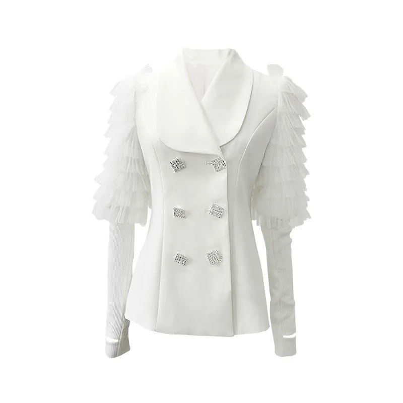 

TVVOVVIN Woman Coat Irregular Mesh Stitching Suit Women Diamond Loose Casual Wild White Women Blazercoats 2019 Fashion Sexy V956