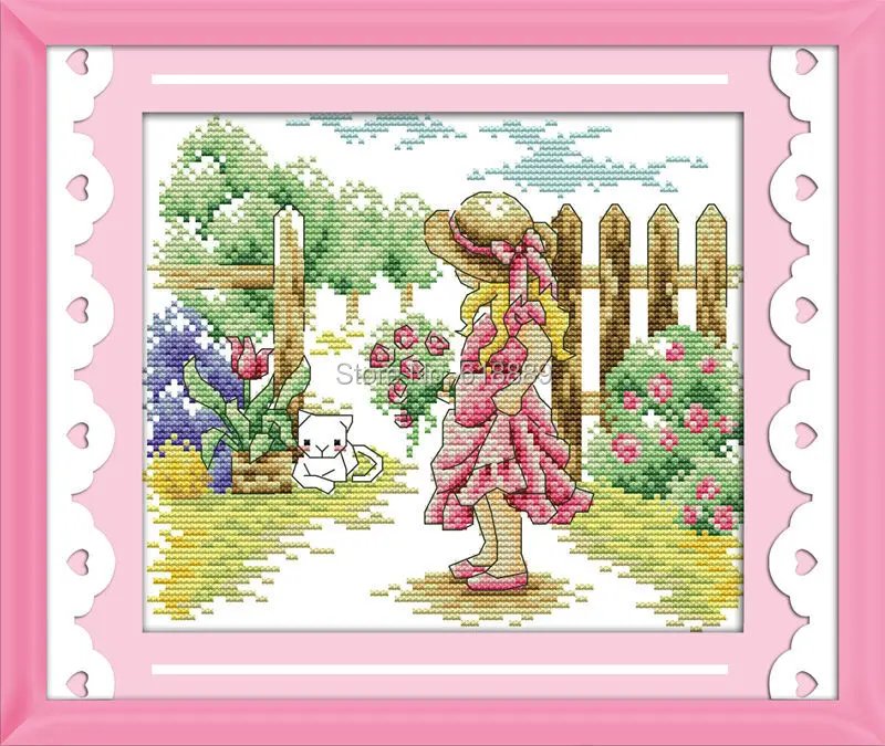 

The girl seeing a cat Patterns Counted Cross Stitch 14CT White Canvas scenery Cross Stitch Sets Embroidery Needlework