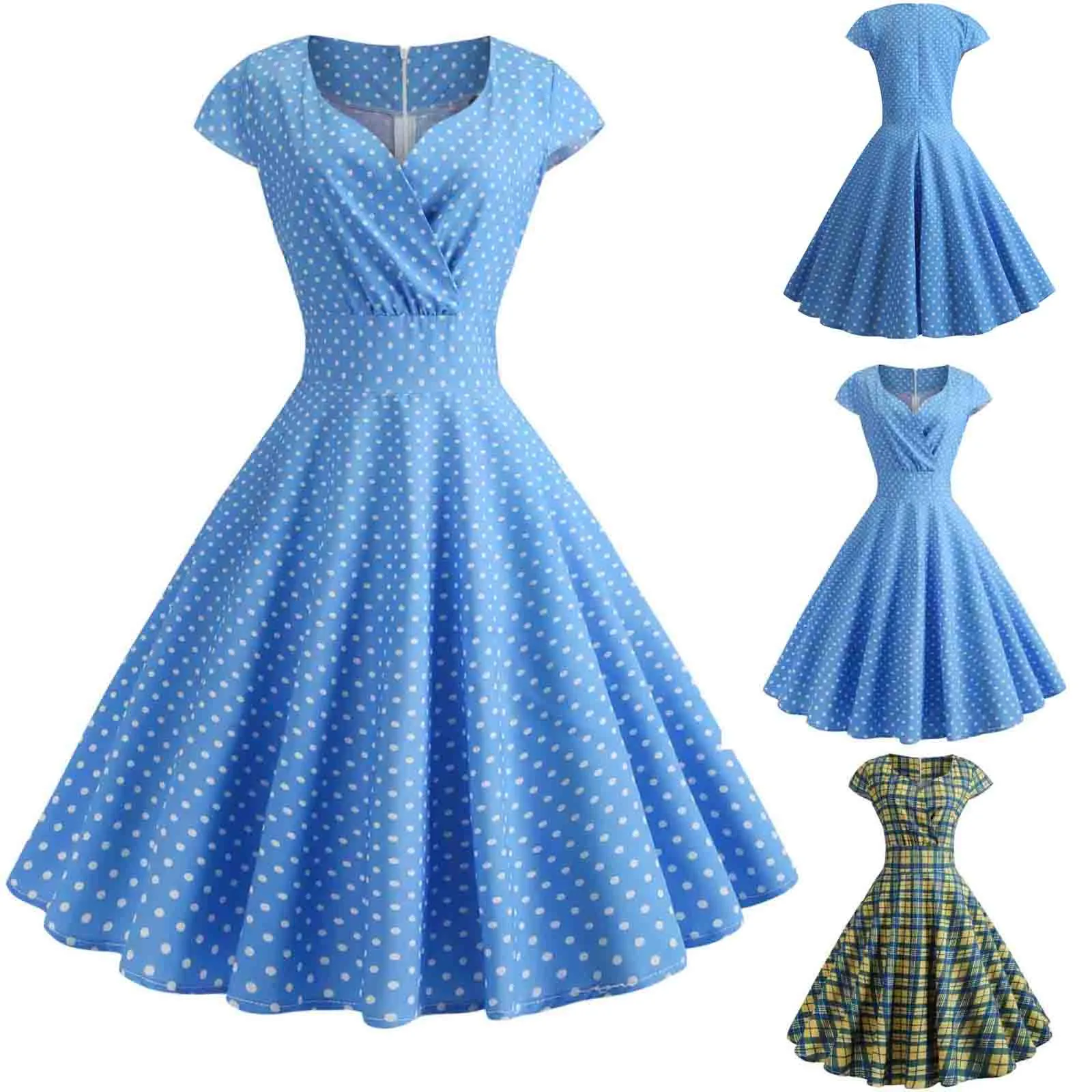 

Fashion Women Short Sleeve V-Neck Dot Plaid Printed Vintage Casual Dress Vestidos Mujer Verano 2019 #1.5