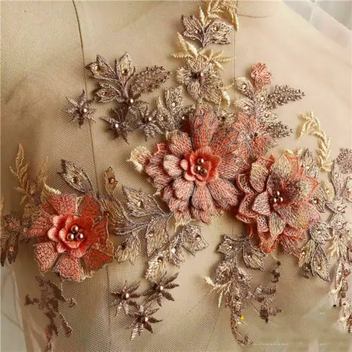 41CM X 26CM Lace Flower 3D Embroidery Flower Bridal Lace Applique Pearl Beaded Tulle Wedding Dress Embroidery Broderie DIY