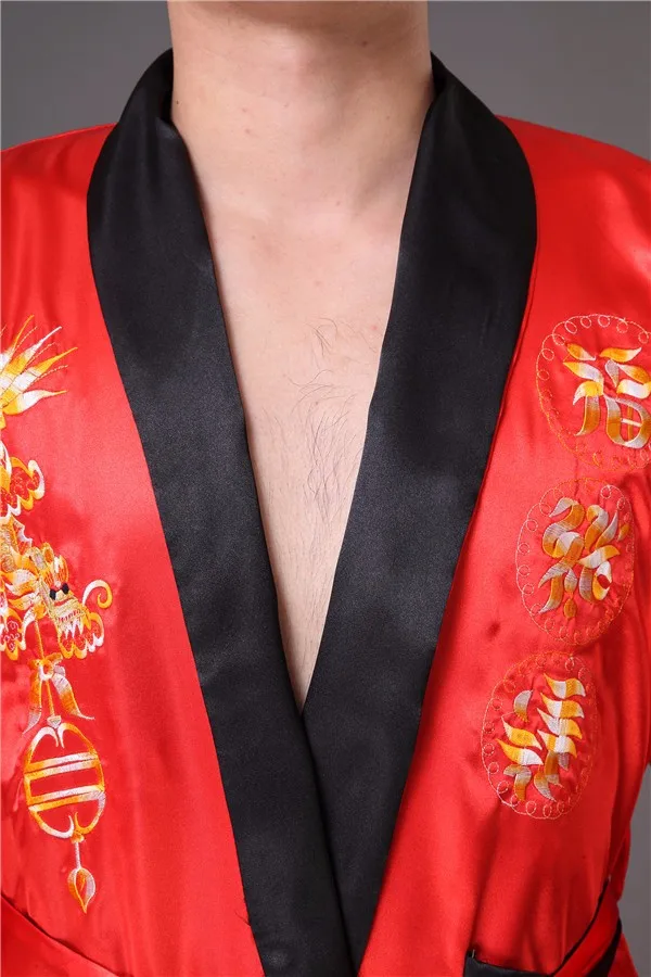 Двусторонний черный, красный китайский Мужской Атласный халат традиционная вышивка Пижама с драконом кимоно банное платье S M L XL XXL XXXL MP073