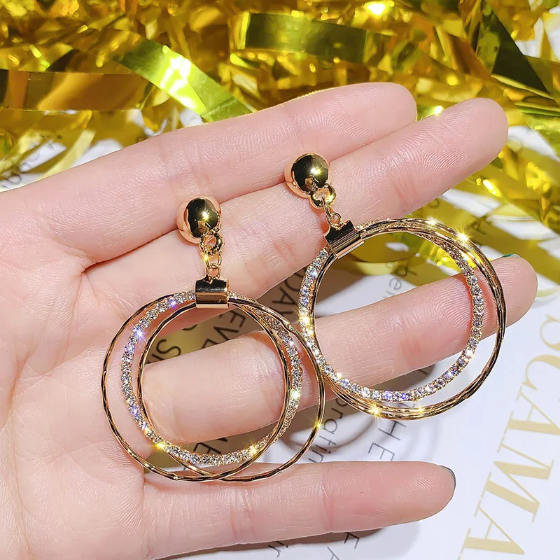 

Luxury 3 Layers Big Loop Drop Earrings for Women Silver Gold Crystal Circle Round Dangle Earring Wedding Party Statement Earings