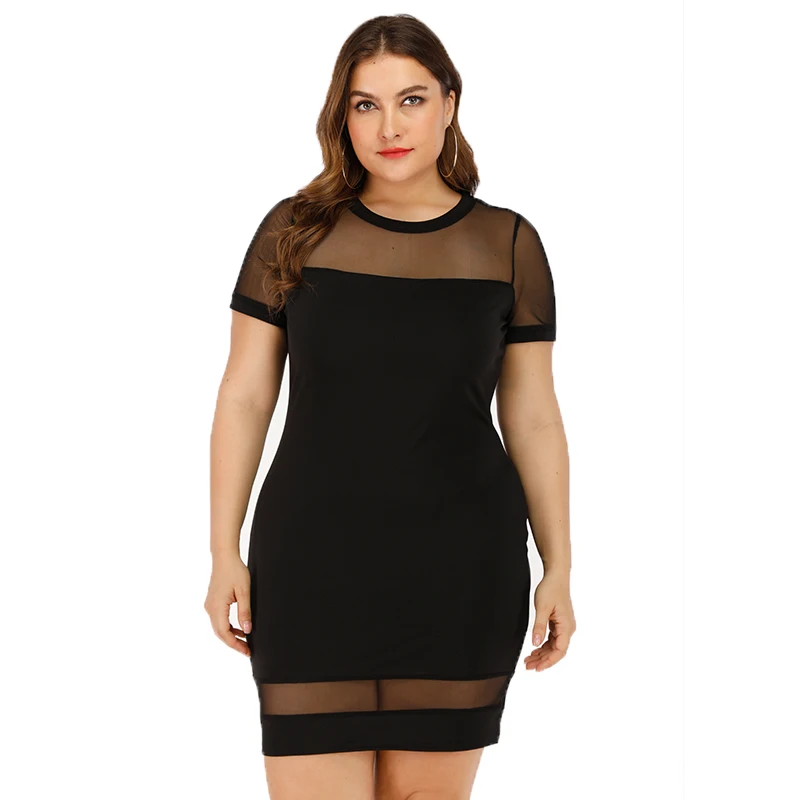 

2019 Plus Size 4xl Bodycon Summer Dress Women Patchwork Mesh Round Neck Mini Dresses Slim Solid large size Sexy Vestidos