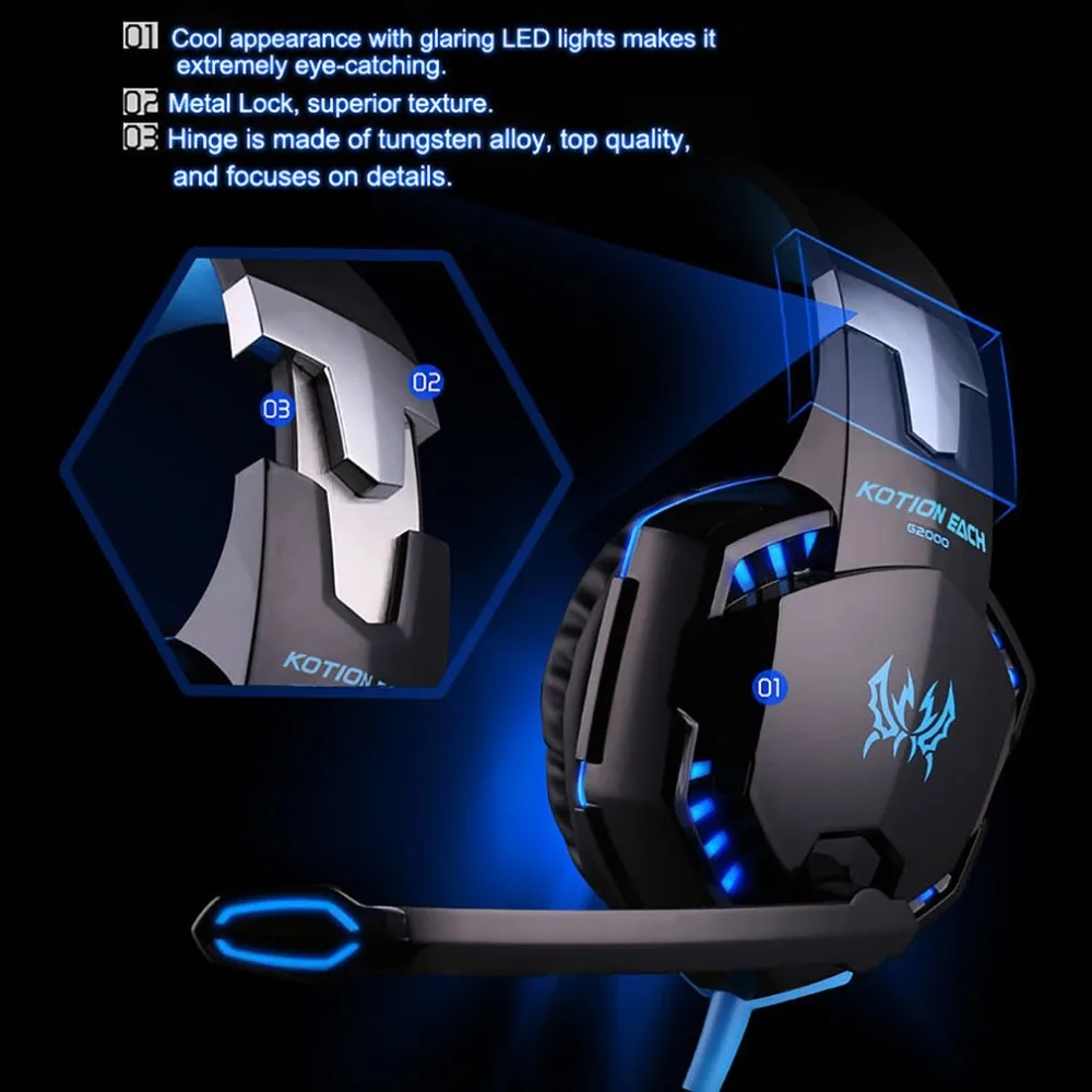 KOTION EACH Stereo Gaming Headset for Xbox One PS4 PC Surround Sound Over Ear Headphones with Noise Cancelling Mic LED Lights