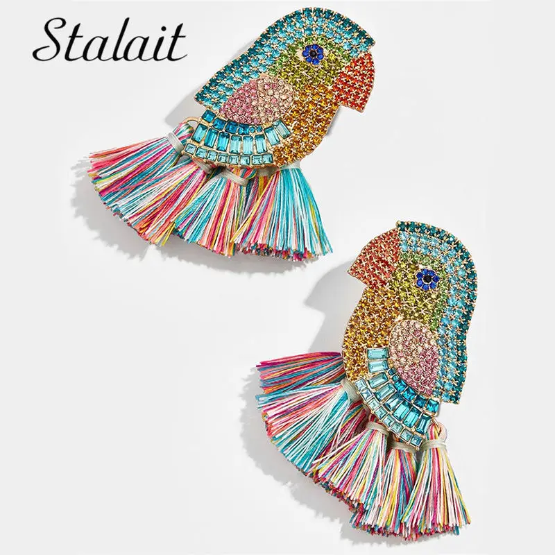

Bohemian Multi Color Parrot Earrings Handmade Crystal Bird Tassel Earrings For Female Wedding Jewelry