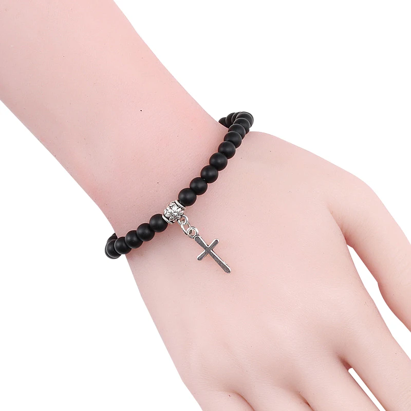 Модные браслеты и ювелирные изделия, женские серебряные мужские черные браслеты с крестом, маленькие четки 6 мм, Кожаные Веревки, эластичная цепочка на руку