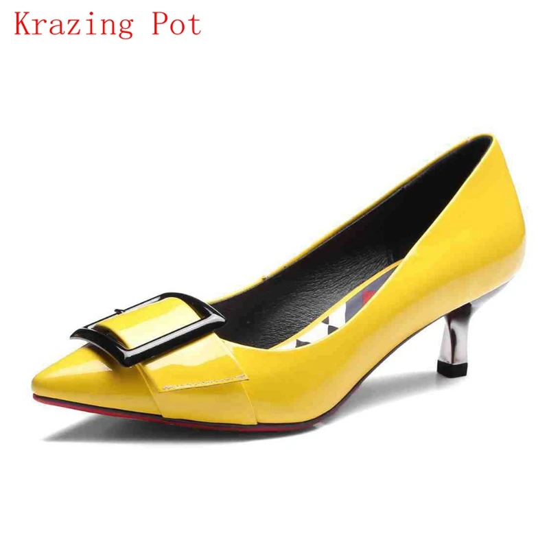 

2018 Fashion Brand High Heels Genuine Leather Pointed Toe Buckle Casual Slip on Solid Women Pumps Spring Office Lady Shoes L52