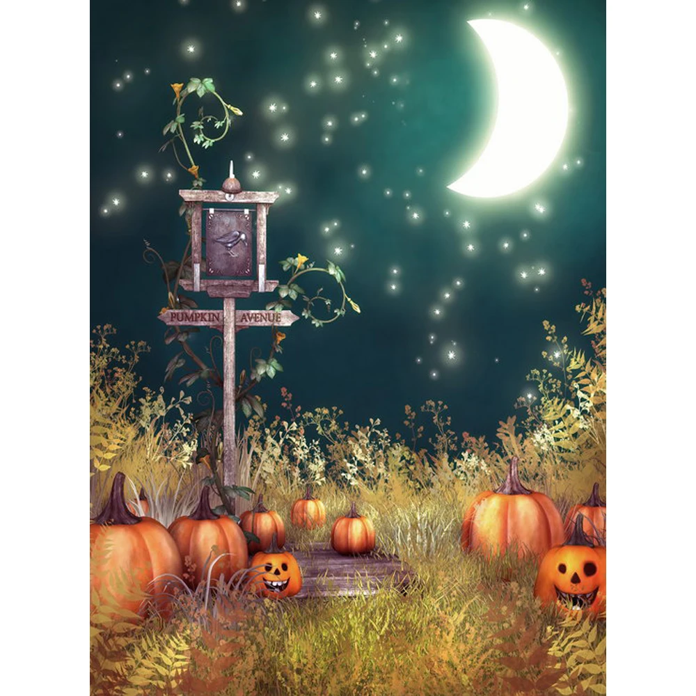 

Starry Sky Crescent Moon Halloween Backdrop for Kids Newborn Baby Shower Props Printed Pumpkins Party Theme Photo Background