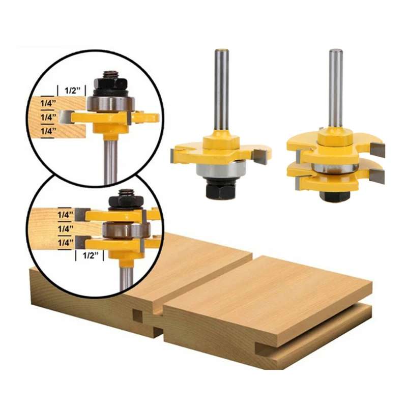 

New 2Pcs Wood Milling Cutter Tongue & Groove Router Bit 3/4 Stock 1/4"Shank 3 Teeth T-shape Milling Cutter Woodworking Tool