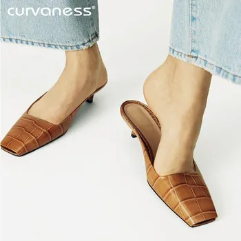 

Summer Slippers Women Shoes Medium Heels Retro Mules Shoes Slip On Woman Footwear Round Toe Female Slides Outdoor New Arrival
