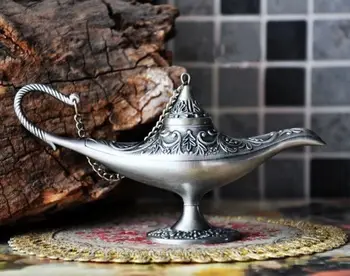

longer 22CM Silver Rare Legend A*laddin Magic Genie Light Lamp Pot Russian tea Pot Al--addin Pakistan lamp Decoration BRASS
