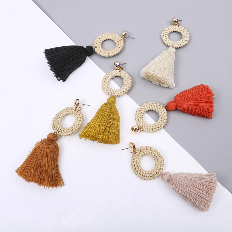 MANILAI Women Circular Straw Rattan Tassel Earrings Long Dangle Fringed Earrings Bohemian Statement Eardrop 2018 Jewelry Big