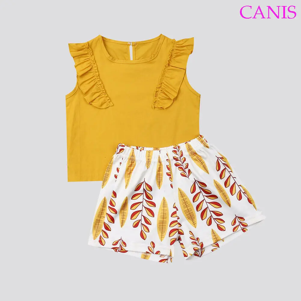 

Newborn Toddler Infant Kids Baby Girl Fashion Yellow Ruffles Sleeveless Tops Short Pants Cool Summer Clothes 2PCS Outfits Set