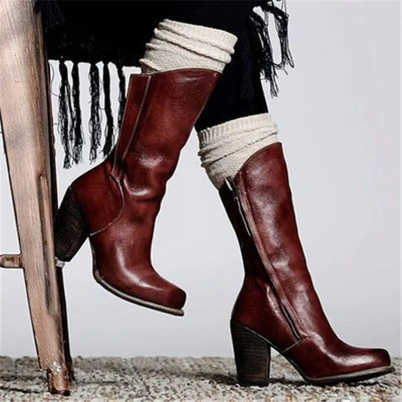 

Original Retro Style Leather high-heel Martin boots Mid-Calf Boot Comfort Neutral Large Size 34-43 Women Knight Boots Red Grey