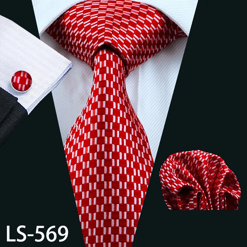 LS-704, мужской галстук, шелк, красный, в клетку, жаккардовый, тканый, свадебный галстук, Barry.Wang, Hanky, запонки, набор, галстук для мужчин, деловые, вечерние - Цвет: LS-569