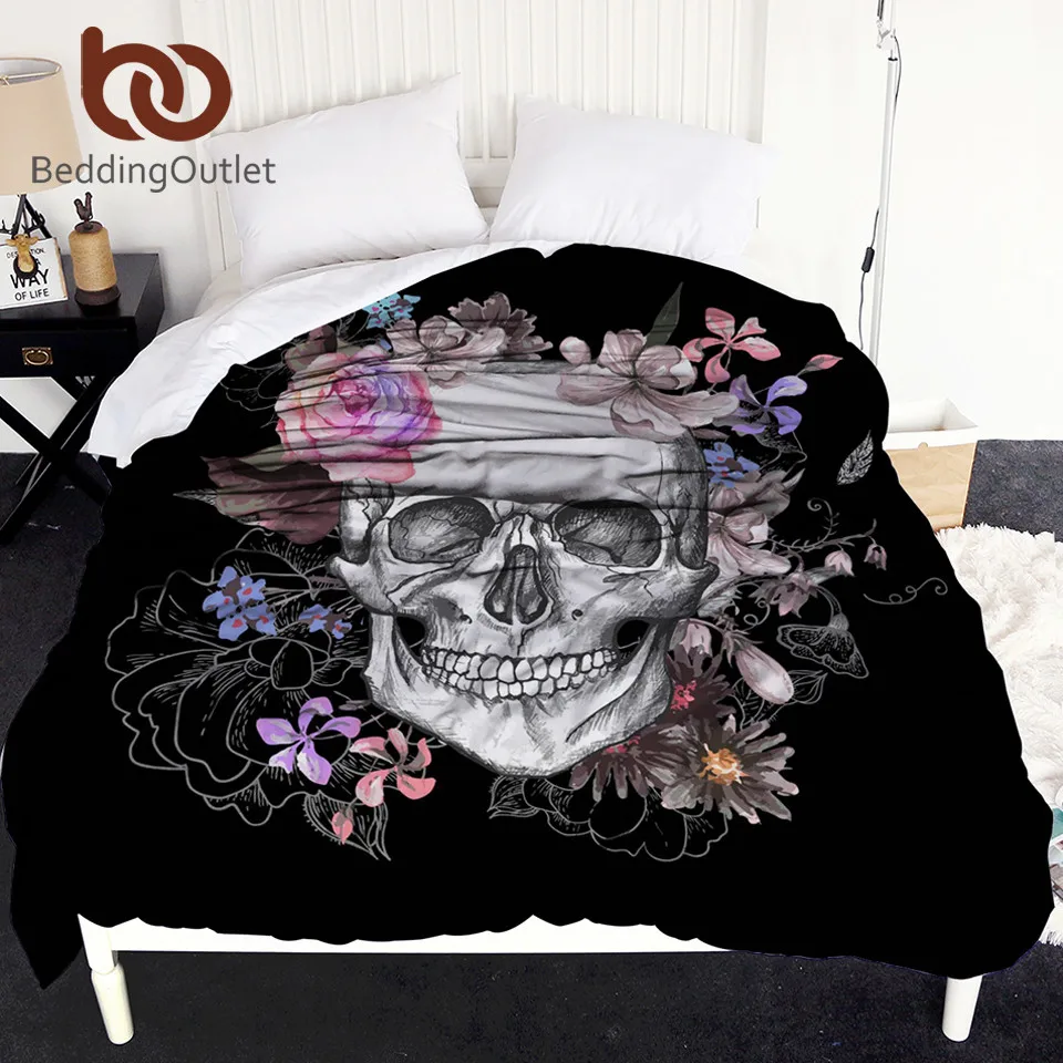 

BeddingOutlet Sugar Skull Duvet Cover White and Black Floral Bed Cover 1-Piece Flowers Queen Bedclothes Gothic dekbedovertrek