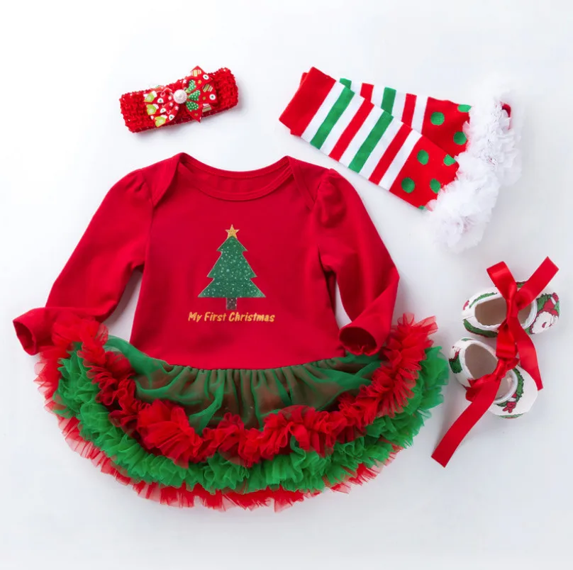 Meu Primeiro Natal Conjuntos de Roupas para Meninas Bonitos do Bebê de Algodão Recém-nascidos Romper Ruffle Tutu Vestidos 4 Peças de Conjuntos de Roupas Infantis Presentes 10 Conjuntos de roupas